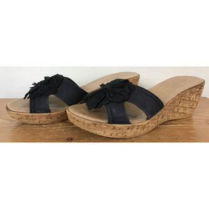 Romano Palai Black Suede Flower Leather Sandals Platform Heels Wedges 8M